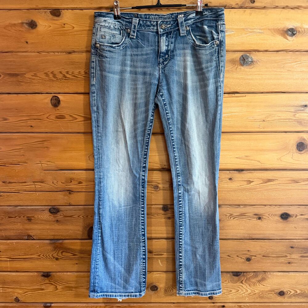 Miss Me Distressed Blue Wash Boot Cut Jeans Size 31 Embellished Back Pockets